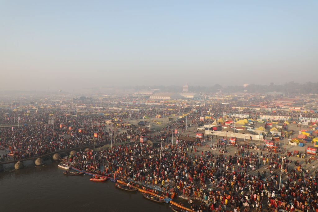 Crowds gather at the Mahakumbh Festival in Prayagraj, capturing the essence of cultural spirituality.